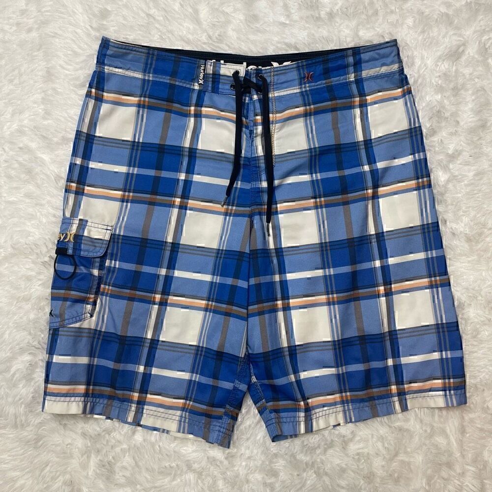 Hurley Swim Trunks Shorts Mens Size 36 Blue Plaid Surf Summer Pocket